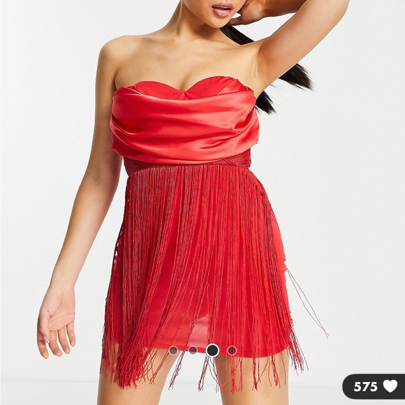 ASOS DESIGN petite cowl bandeau fringed mini dress in red - Picture 3 of 6
